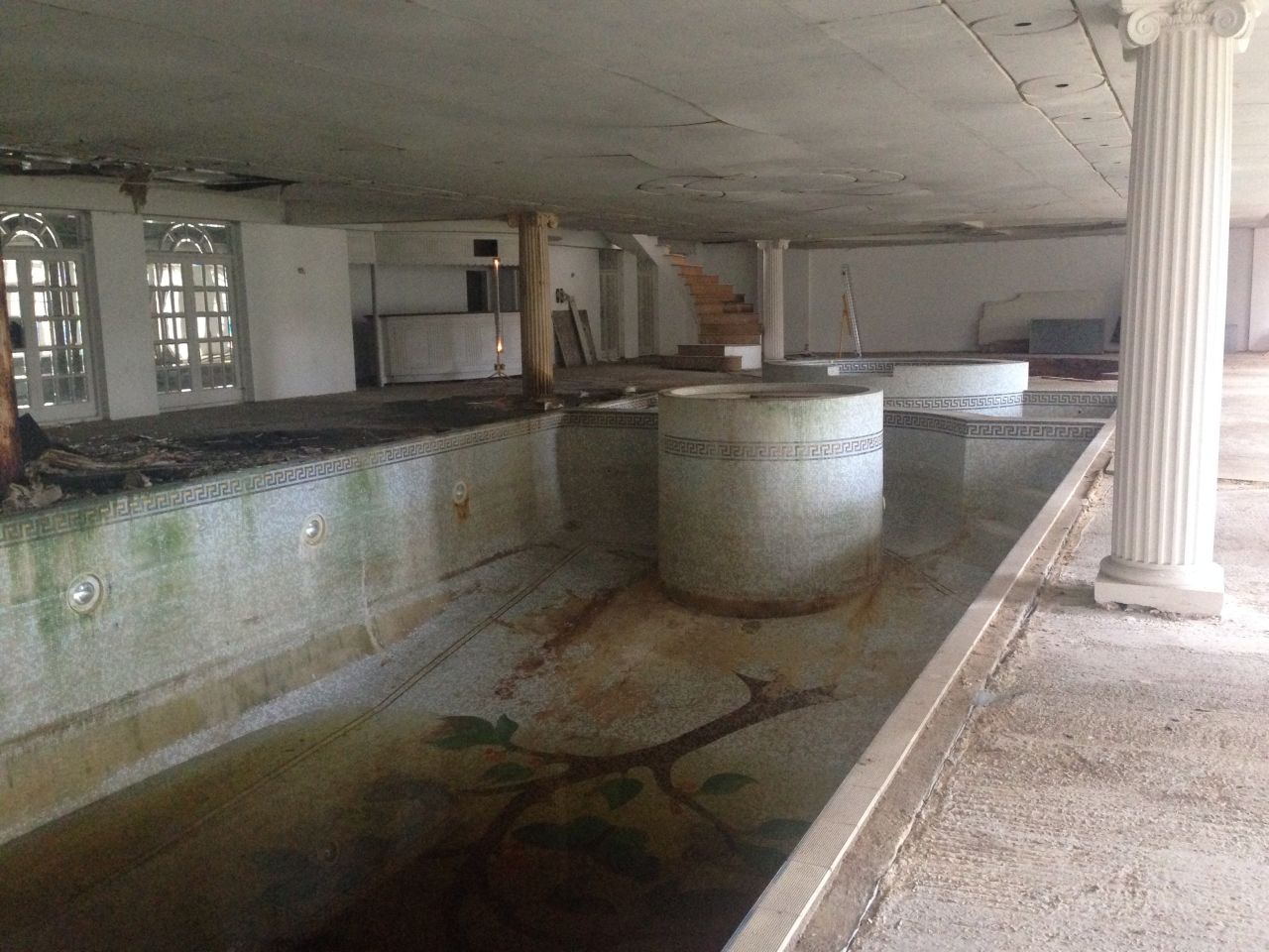 The grand swimming pool and jacuzzi in The Towers mansion have been left unused. 