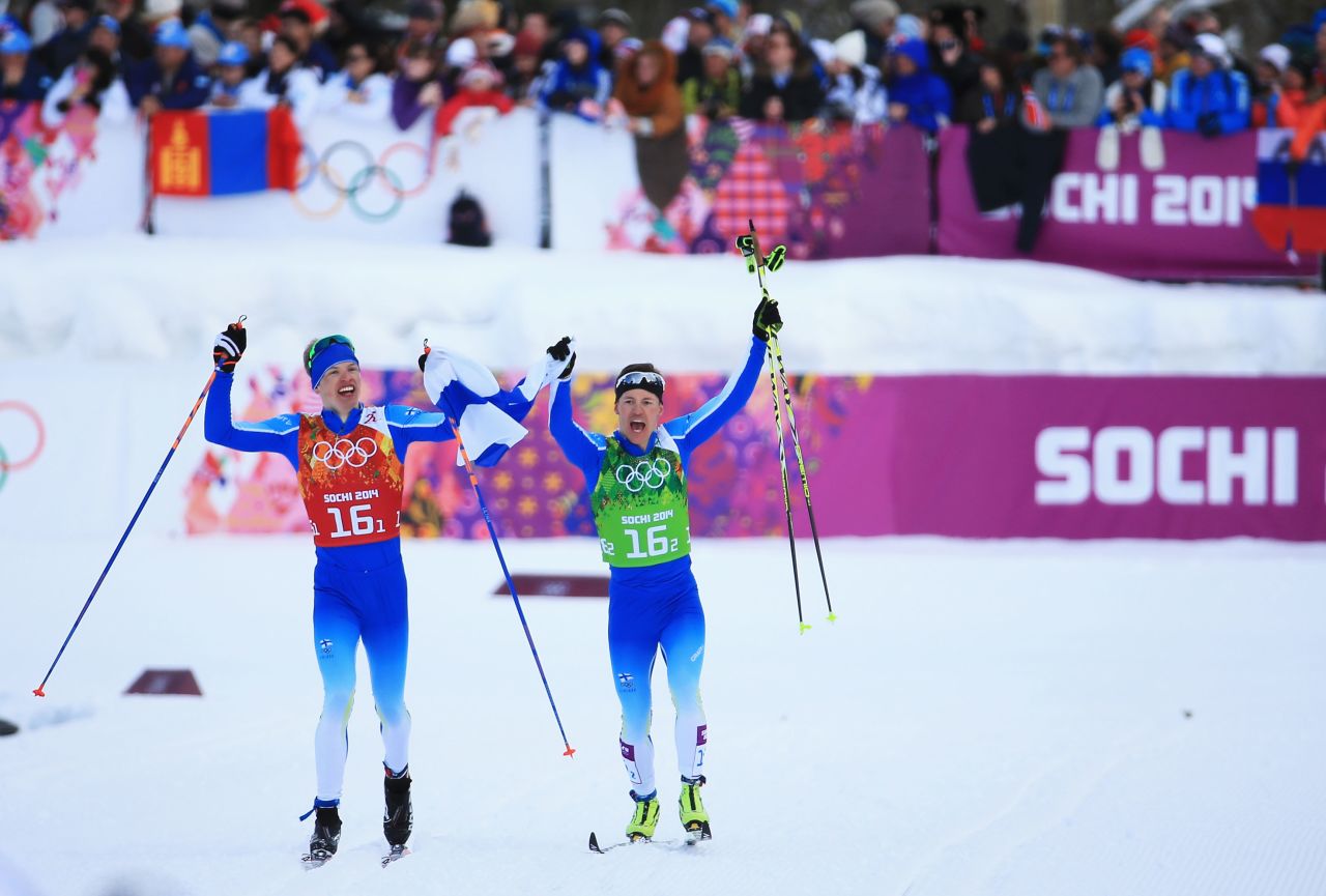 Finland won its first gold of the Sochi Games as Sami Jauhojaervi (R) and Iivo Niskanen triumphed in the men's cross country team sprint.