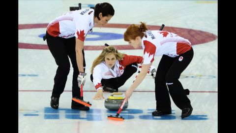 Canada's Jennifer Jones throws the curling stone during the gold-medal match against Sweden on February 20.