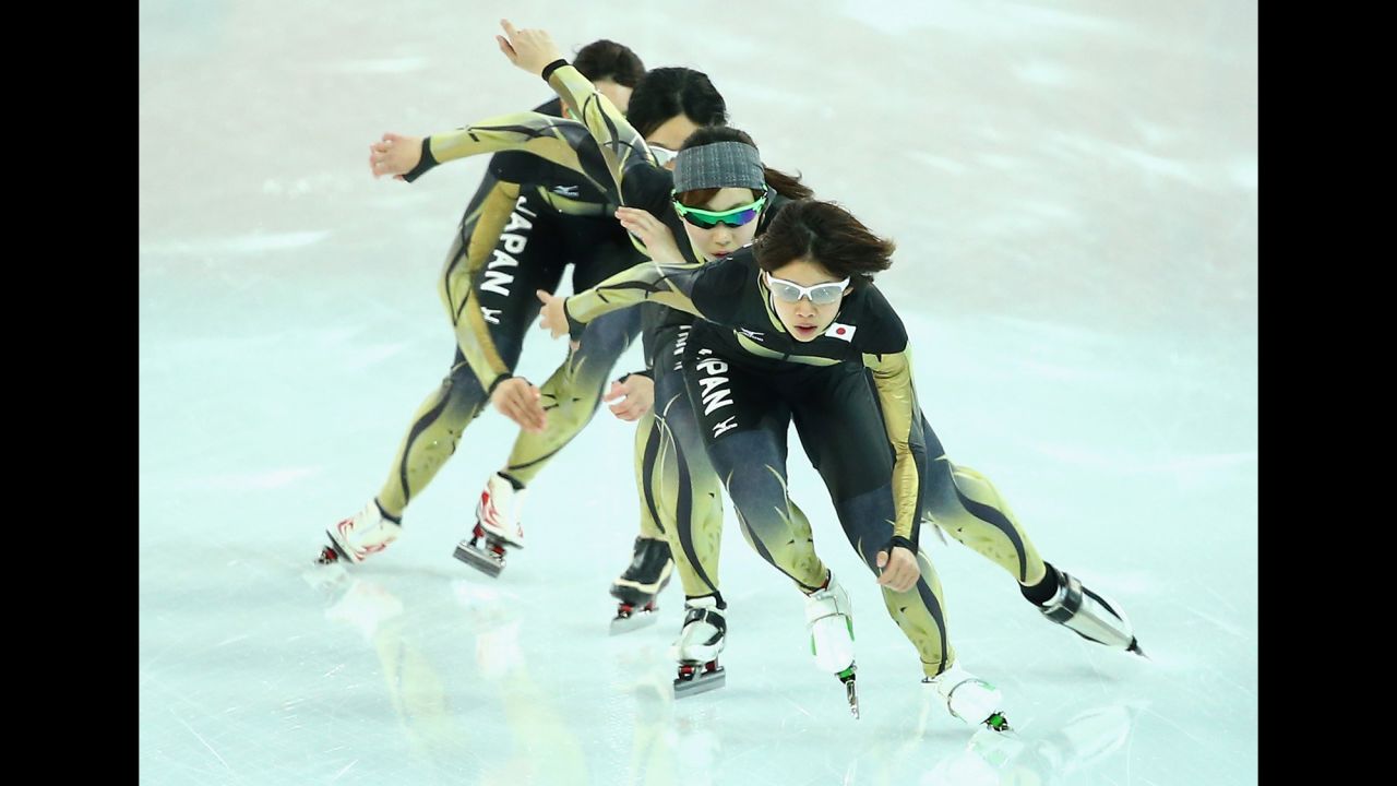 Japanese speedskaters train on February 20.