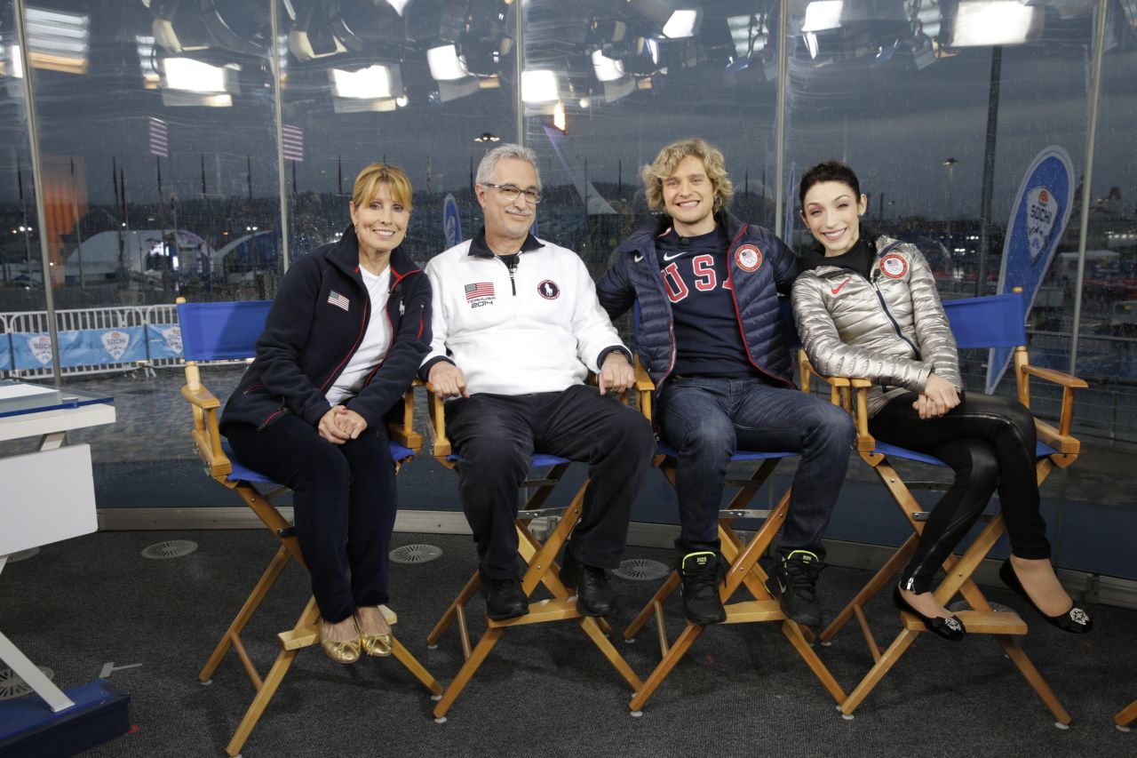 Jacqui White and Paul Davis pose with White's son and Davis' daughter, ice dancing partners and 2014 Olympic gold medal winners Charlie White and Meryl Davis.