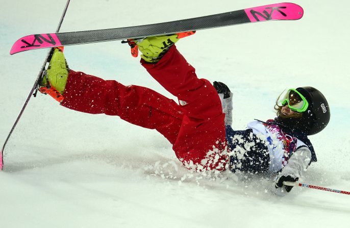 Brita Sigourney of the United States crashes in the women's halfpipe on February 20.