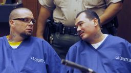 Defendants Marvin Norwood, left, and Louie Sanchez appear during a hearing Thursday Feb. 20, 2014 in Los Angeles. The two men pleaded guilty Thursday to a 2011 beating at Dodger Stadium that left San Francisco Giants fan Bryan Stow brain damaged and disabled. They were immediately sentenced by an angry judge who called them cowards and the sort of people that sports fans fear when they go to games.(AP Photo/Nick Ut )