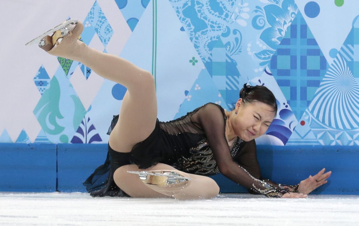 Kim Hae-jin of South Korea falls as she competes in the women's figure skating competition on Thursday, February 20.