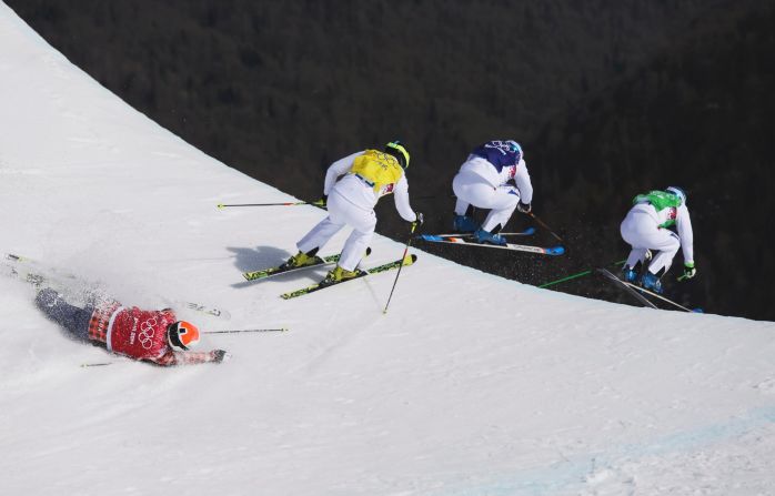 Canada's Brady Leman crashes in the men's ski cross final on February 20.