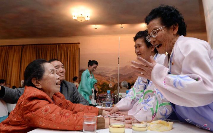South Korean Lee Oh-Hwan (L), 85, meets with her North Korean sisters. The negotiations leading to the reunions were painstaking, reflecting the tensions between North and South Korean governments. 