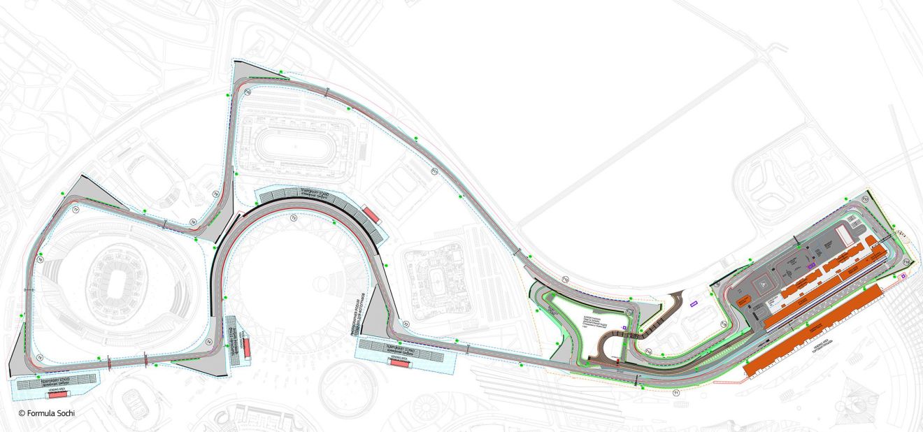 The new circuit will run in a clockwise direction and consists of 12 right and six left turns, including the long, circular corner around the central Olympic plaza which designer Hermann Tilke calls "the hardest corner in F1." Cars will accelerate from 80 miles per hour to 190 mph around the curve.