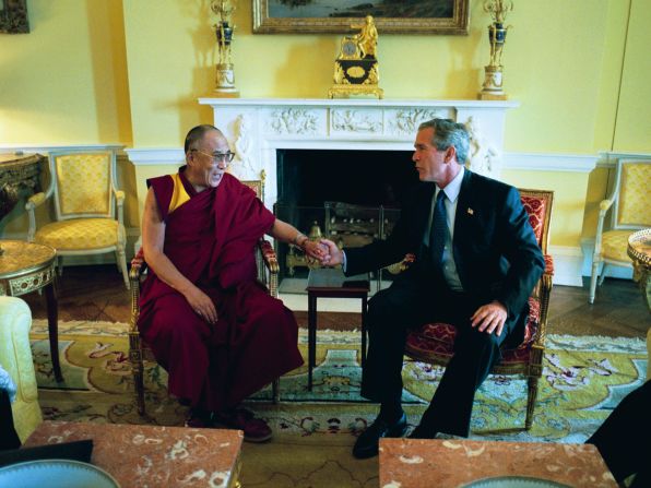 President George W. Bush meets the Dalai Lama at the White House in September 2003.