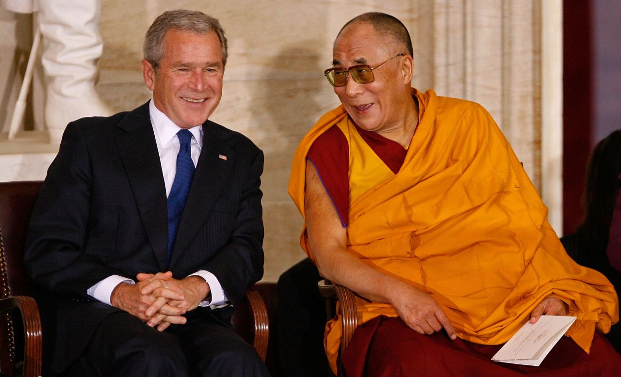 President George W. Bush meets with the Dalai Lama before the Tibetan spiritual leader received the Congressional Gold Medal in October 2007.
