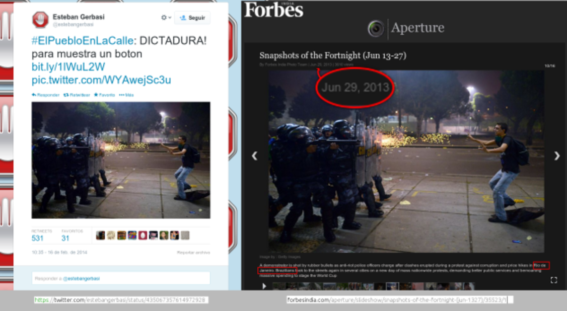 Political analyst Esteban Gerbasi tweeted this photo, calling it an example of dictatorship. The Getty photo shows <a href="http://www.cnn.com/2013/06/18/world/americas/brazil-protests/">police firing rubber bullets</a> at a protester during clashes in Rio de Janeiro on June 20.