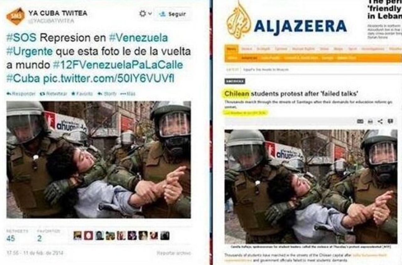 People sharing this photo say a Venezuelan student was put in a headlock by a national guardsman. The original photo reveals that this was from a student protest in Chile in October 2011.