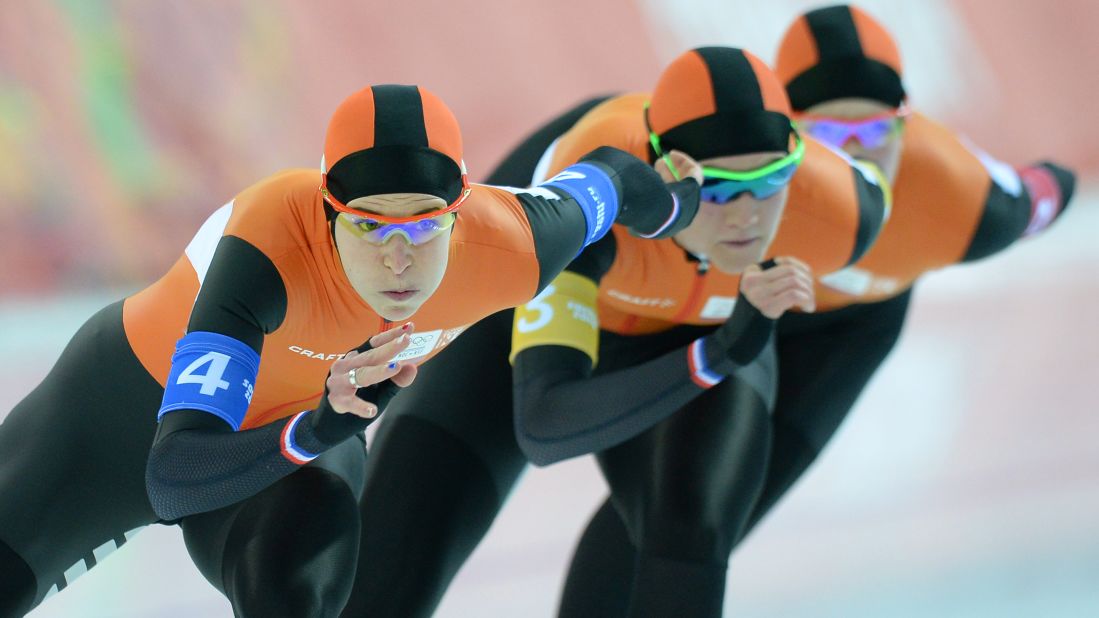 From left, Dutch speedskaters Ireen Wust, Charlotte van Beek and Jorien ter Mors compete in the women's team pursuit on February 21.