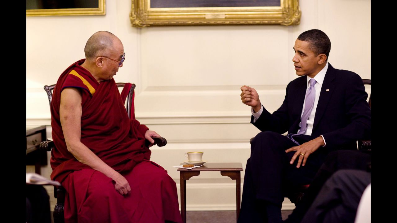 President Barack Obama meets with the Dalai Lama in the Map Room of the White House in February 2010.