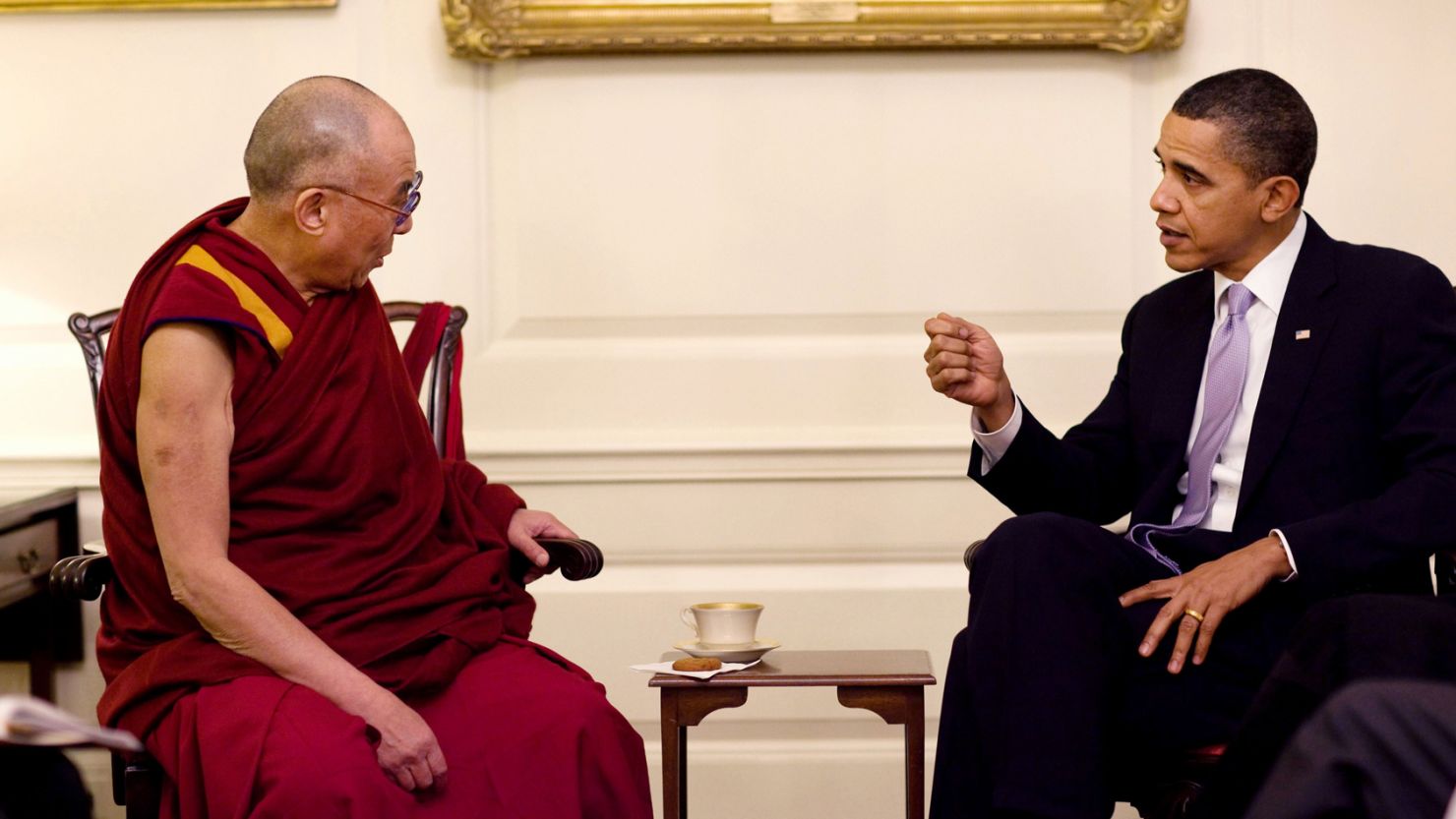 President Barack Obama meets with His Holiness the Dalai Lama in the Map Room of the White House, February 18, 2010.
