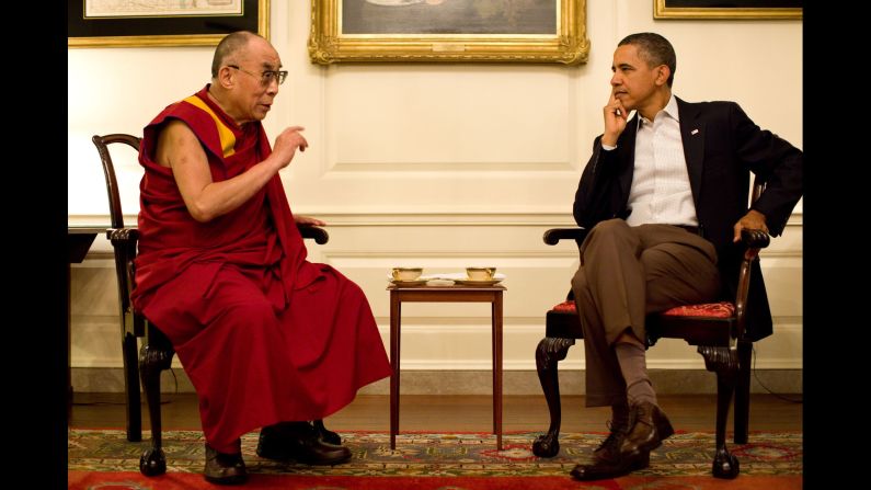 President Barack Obama meets with Dalai Lama in the Map Room of the White House in July 2011.