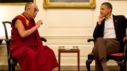 President Barack Obama meets with His Holiness the XIV Dalai Lama in the Map Room of the White House, Saturday, July 16, 2011.