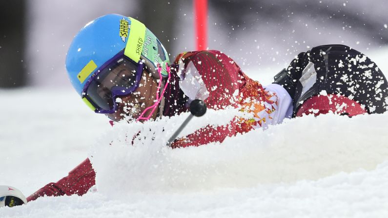 Iranian skier Forough Abbasi falls during the women's slalom on February 21.