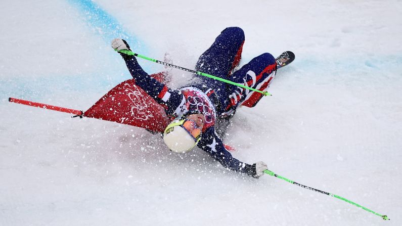 Stephanie Joffroy of Chile crashes in the women's ski cross on February 21.
