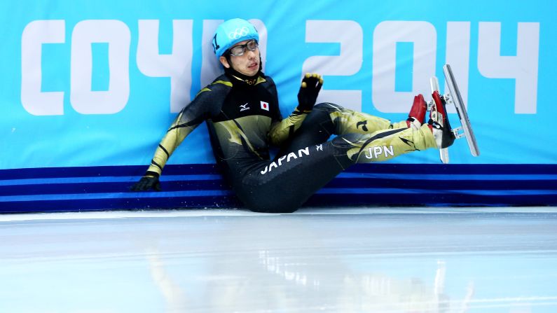 Short track speedskater Satoshi Sakashita of Japan hits the wall during the men's 500 meters on February 21.