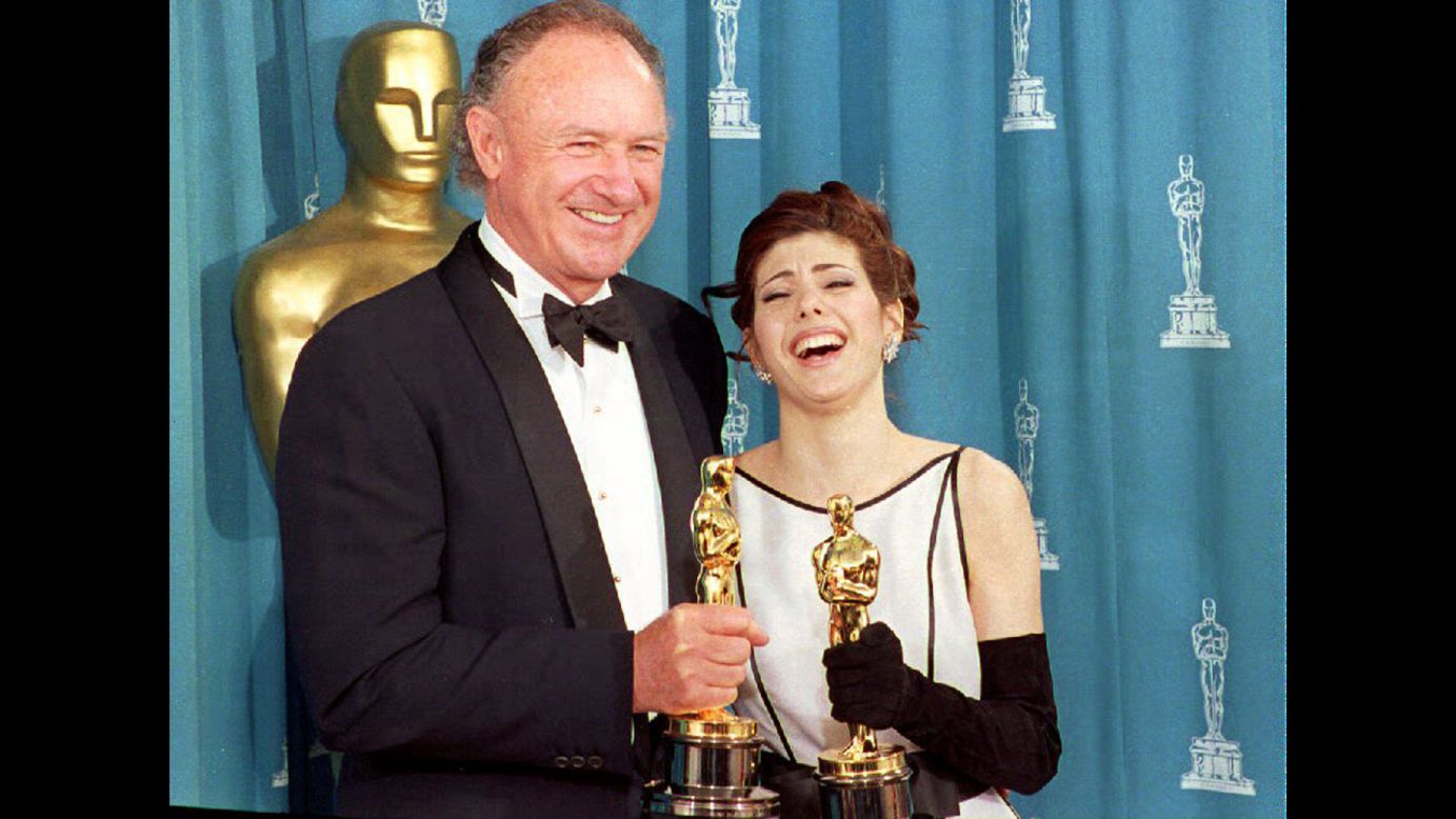 Gene Hackman poses with Marisa Tomei in 1993 after he wins an Oscar for best supporting actor for his role in "Unforgiven" and she wins for best supporting actress for "My Cousin Vinny." Tomei's win is totally unexpected and still sometimes<a href="http://blogs.amctv.com/movie-blog/2008/07/my-cousin-vinny-marisa-tomei/" target="_blank" target="_blank"> (wrongly) contested.</a>