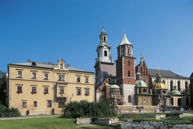 Krakow's historic center in Poland is an excellent example of medieval architecture, including Wawel Castle and Wawel Cathedral.