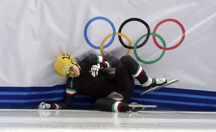 Italy's Arianna Fontana falls as she competes in a 1,000-meter short track speedskating race on February 21.