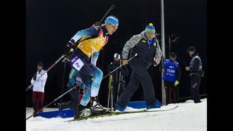 Ukrainian biathlete Valj Semerenko competes in the women's team relay on February 21.