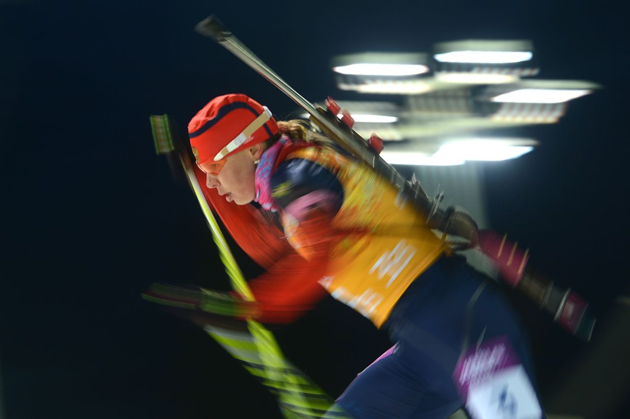 Biathlete Ekaterina Shumilova of Russia competes in the women's team relay on February 21.