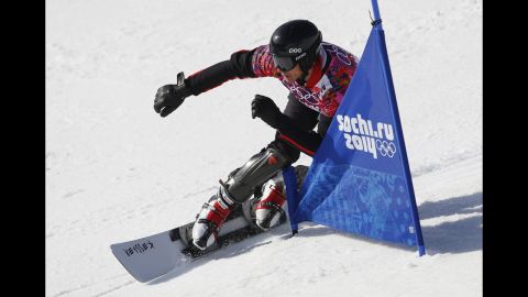 Bulgaria's Radoslav Yankov competes during snowboard parallel slalom qualifying on February 22.