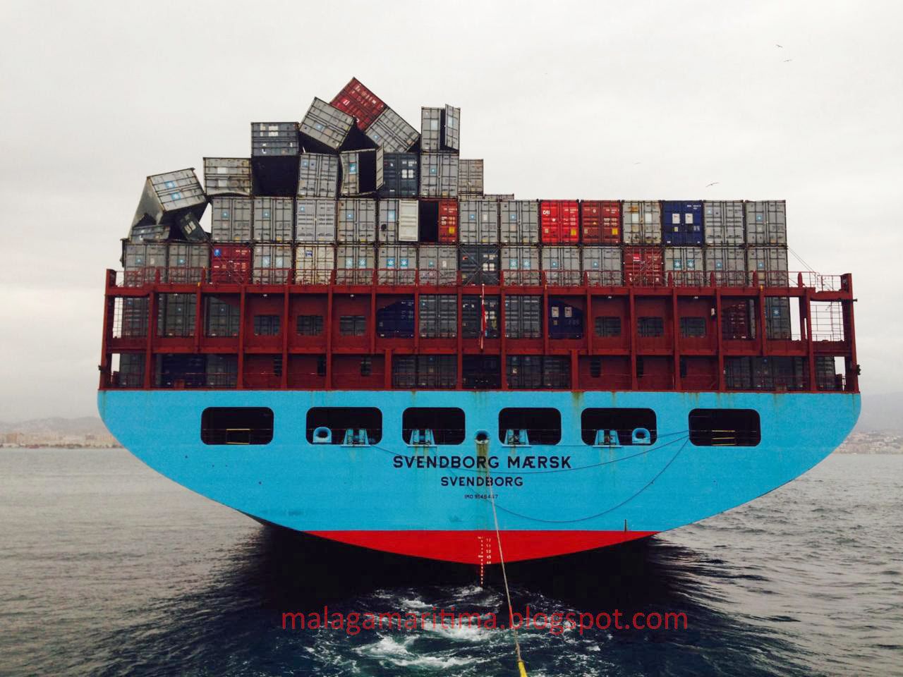 The Svendborg Maersk was struck by high wind and waves off the coast of France after it left the Bay of Biscay By the time it had reached the Spanish port of Malaga, more than 500 containers were unaccounted for. 