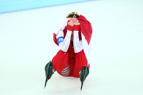 Luiza Zlotkowska reacts after Poland's silver medal finish in the ladies' team pursuit speed skating final on Saturday, February 22.