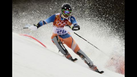 Norway's Leif Kristian Haugen competes during the men's alpine skiing slalom run on February 22. 