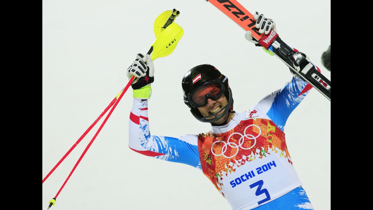 Austria's Mario Matt celebrates after a men's alpine skiing slalom run on February 22. 