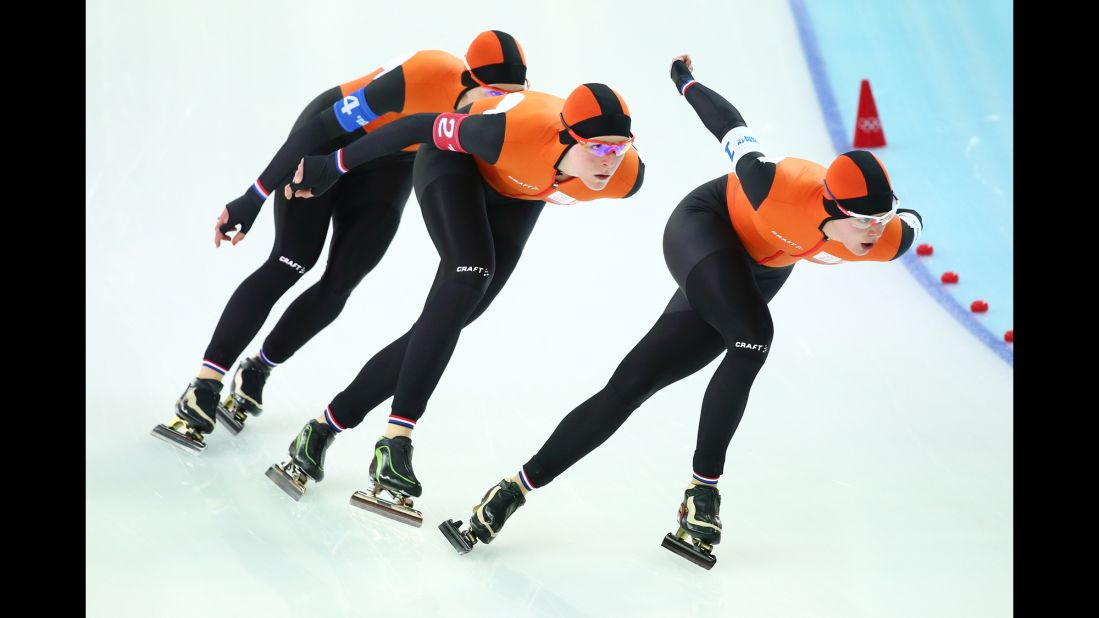Ireen Wust, Jorien ter Mors and Marrit Leenstra of the Netherlands compete during the semifinals of the women's team pursuit speed skating on February 22. 
