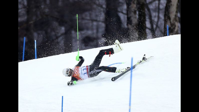 Prince Hubertus von Hohenlohe of Mexico goes down in the first run of the men's slalom on February 22.
