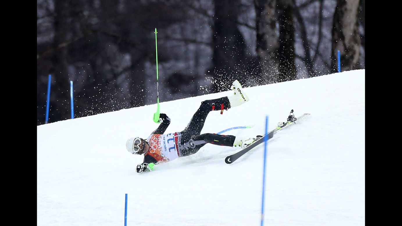 Prince Hubertus von Hohenlohe of Mexico goes down in the first run of the men's slalom on February 22. 