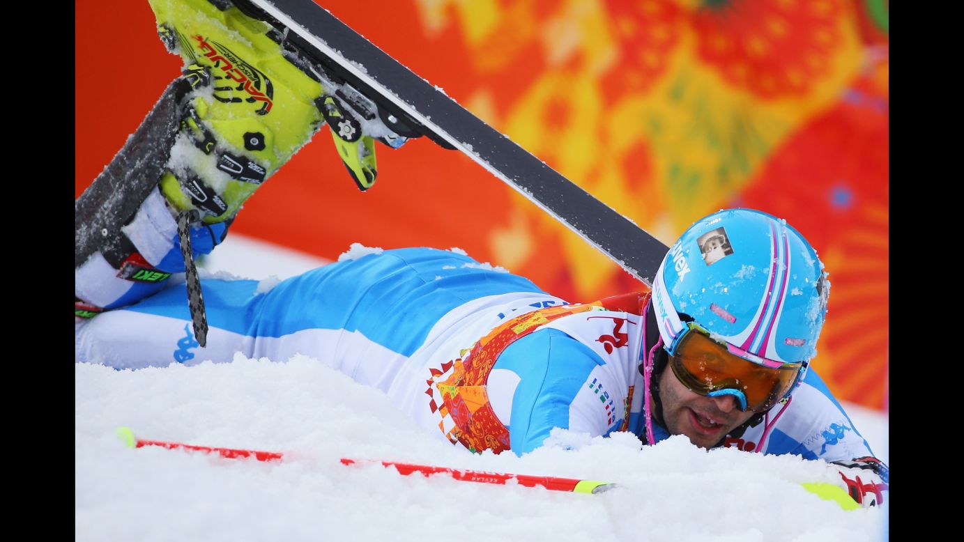 Patrick Thaler of Italy crashes out in the first run of  the men's slalom on February 22.