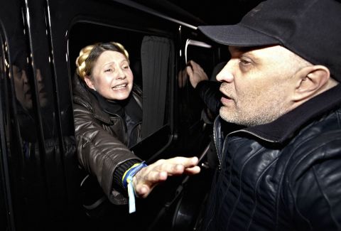 Tymoshenko is greeted by supporters shortly after being freed from prison in Kharkiv on February 22.