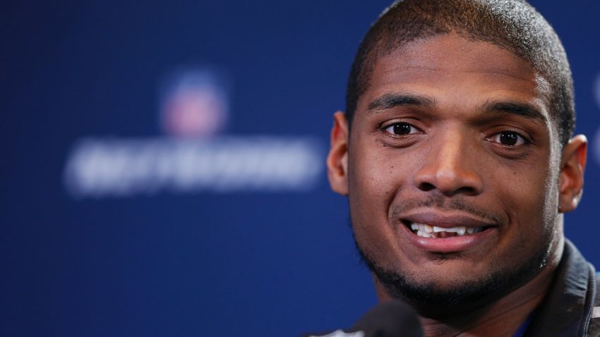 Former Missouri defensive lineman Michael Sam speaks to the media during the 2014 NFL Combine at Lucas Oil Stadium on February 22 in Indianapolis, Indiana. 