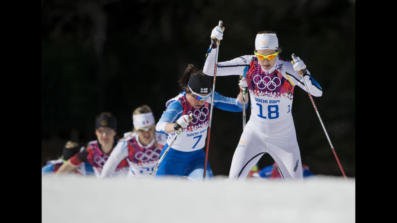 Sara Linborg of Sweden competes in the women's 30-kilometer mass start free cross-country on February 22. 