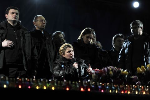 Former Prime Minister Yulia Tymoshenko speaks at Independence Square on Saturday, February 22, hours after being released from prison. Tymoshenko, considered a hero of a 2004 revolution against Yanukovych, was released after 2½ years behind bars.