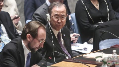 U.N. Secretary General Ban Ki-moon listens as Jordan's Ambassador to the United Nations Prince Zeid Ra'ad Zeid Al-Hussein, speaks after a U.N. Security Council vote on the Syria humanitarian crisis.