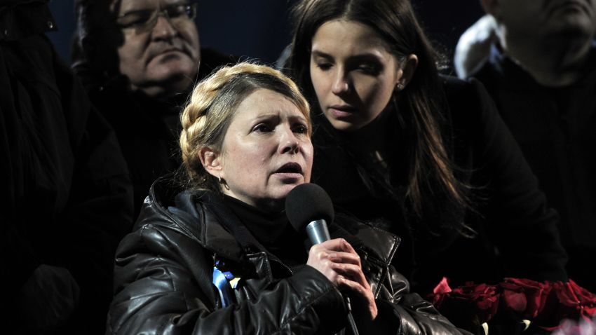 Newly freed Ukrainian opposition leader and former prime minister Yulia Tymoshenko speaks during a rally on Kiev's Independance Square on February 22.