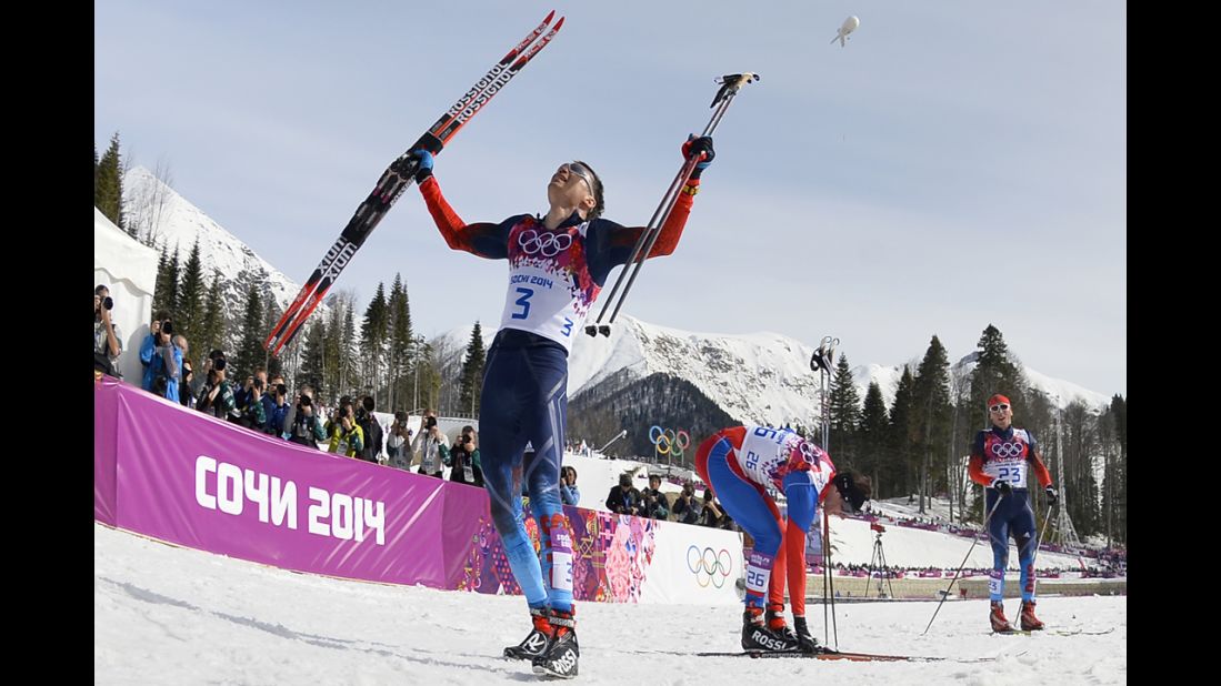Alexander Legkov of Russia celebrates his win in the men's cross-country skiing 50-kilometer mass start free on February 23.