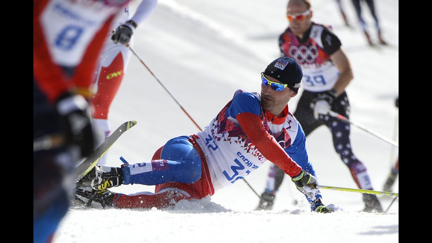 The Czech Republic's Jiri Magal takes a fall in the men's cross-country skiing 50-kilometer mass start free on February 23.