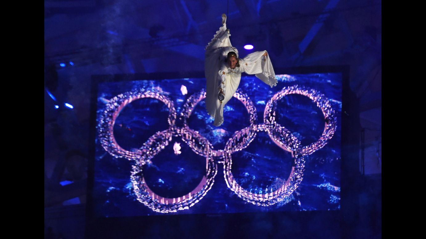 The Olympic Rings form during the Closing Ceremony - KYMA