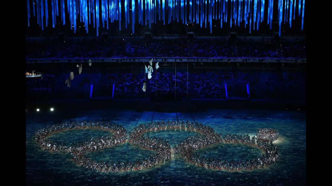 Dancers deliver a nod to the malfunction of an Olympic ring during the opening ceremony. 
