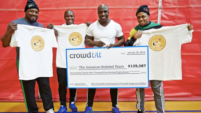 Although it started as a joke three months ago, Dogecoin's community has come together to finance several causes, including raising $30,000 on Crowdtilt to send the <a  target="_blank" target="_blank">Jamaican bobsled team to the Sochi Winter Olympics</a>. Here's the team sporting their check and Dogecoin T-shirts.