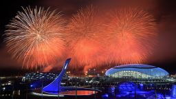 Fireworks explode over the Olympic park at the end of the closing ceremony of the Sochi Winter Olympics on February 23.
