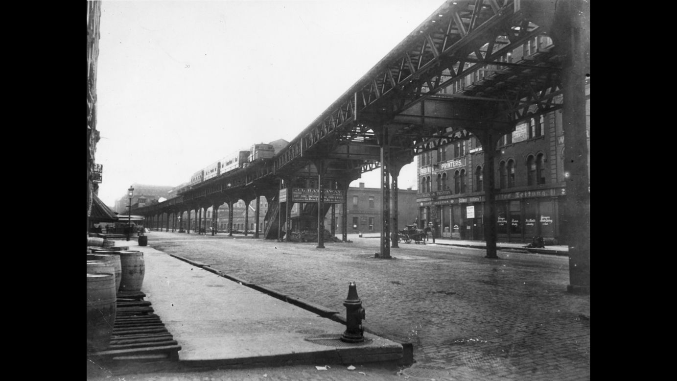 Chicago's famous "L" (short for "elevated" train) started moving residents around town in 1892. That makes it the second-oldest transit system in the country behind the one in Boston. Here, a steam-powered "L" train comes down the railway on Market Street near Lake Street on June 30, 1895.  
